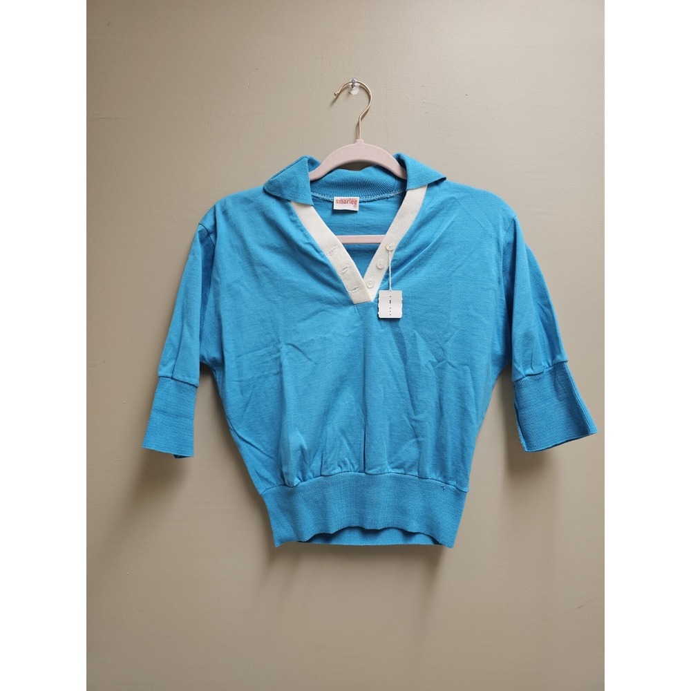 True Vintage 70s 80s Blue Smartee‎ Tennis Shirt Medium Deadstock New W/ Tags